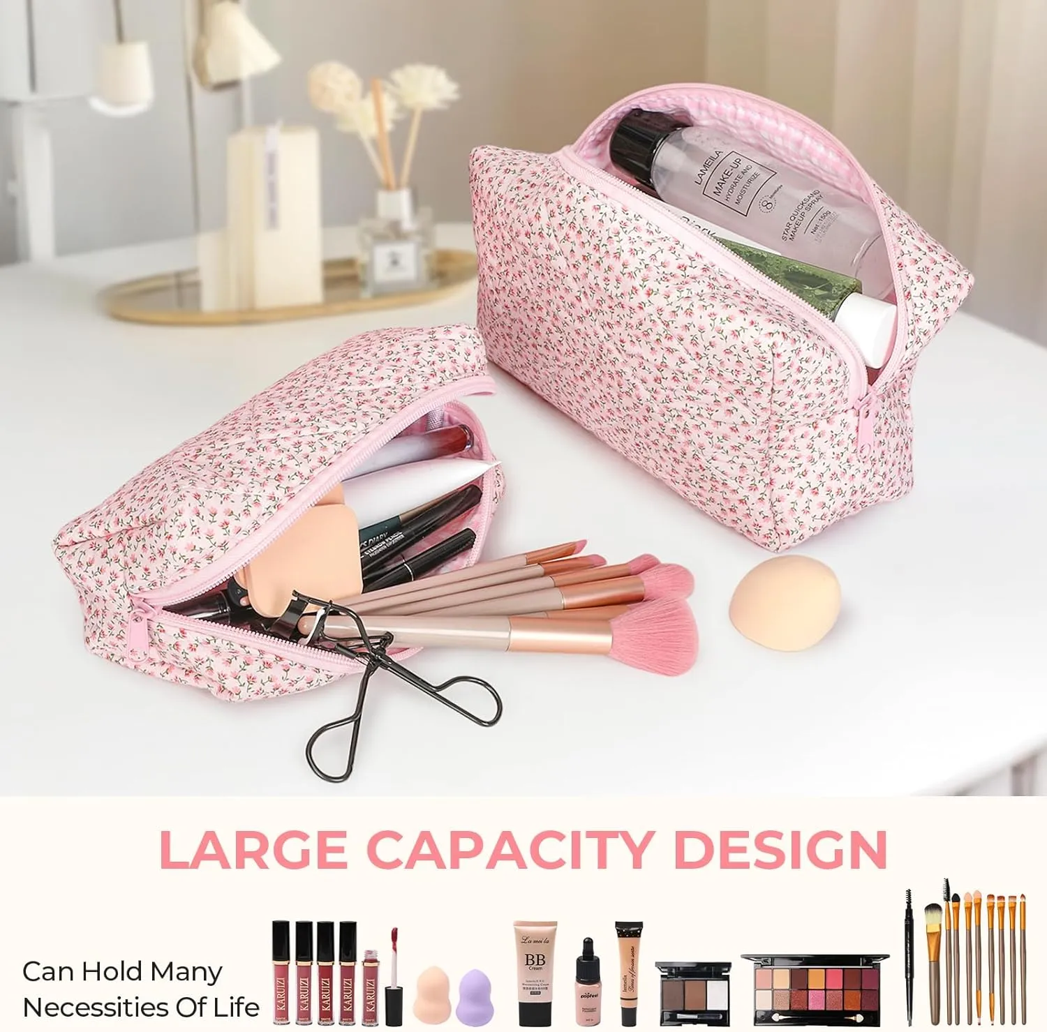 Quilted Makeup Bag Set,Large Quilted Floral Cosmetic Bag For Women,Cute Cotton Makeup Brushes Storage Bags Flower Travel Toiletry Organizer Bag(Pink Floral)