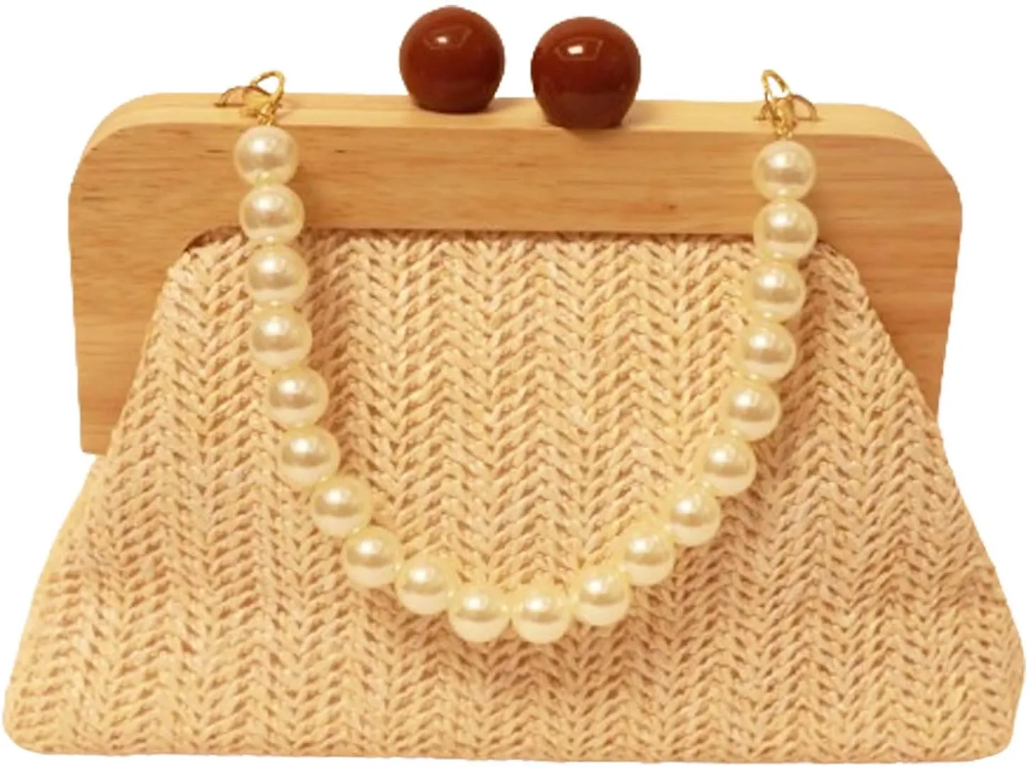 Rattan Clutch Bag For Bride Noble Summer Beach Woven Evening Bag Wedding Clutch with Pearl Chain