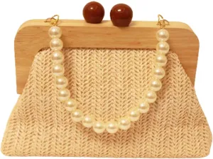 Rattan Clutch Bag For Bride Noble Summer Beach Woven Evening Bag Wedding Clutch with Pearl Chain