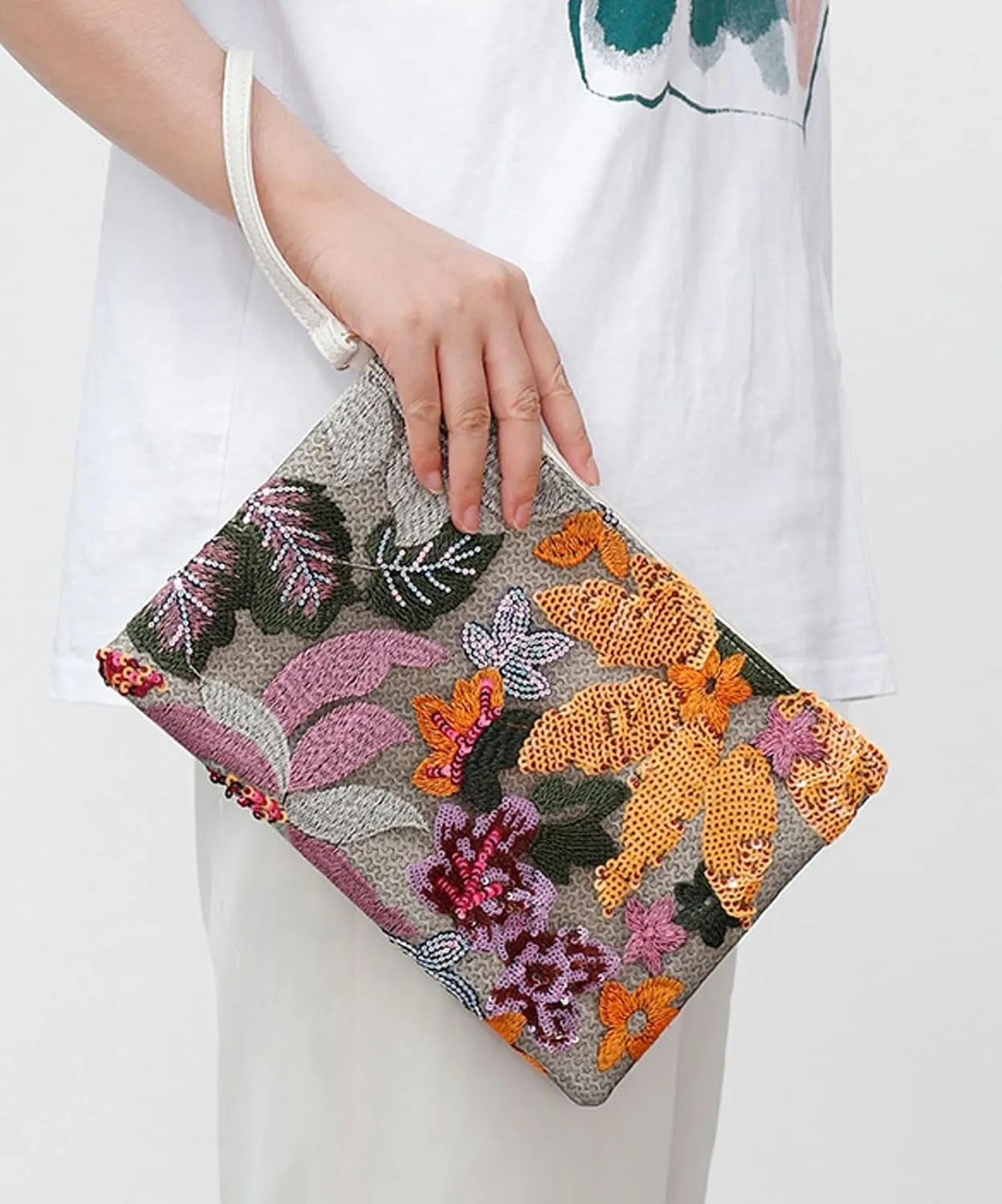 Sequin Embroidered Clutch Summer Straw Woven Floral Handbag Wristlet Bohemian Purse Leather Wristband Travel