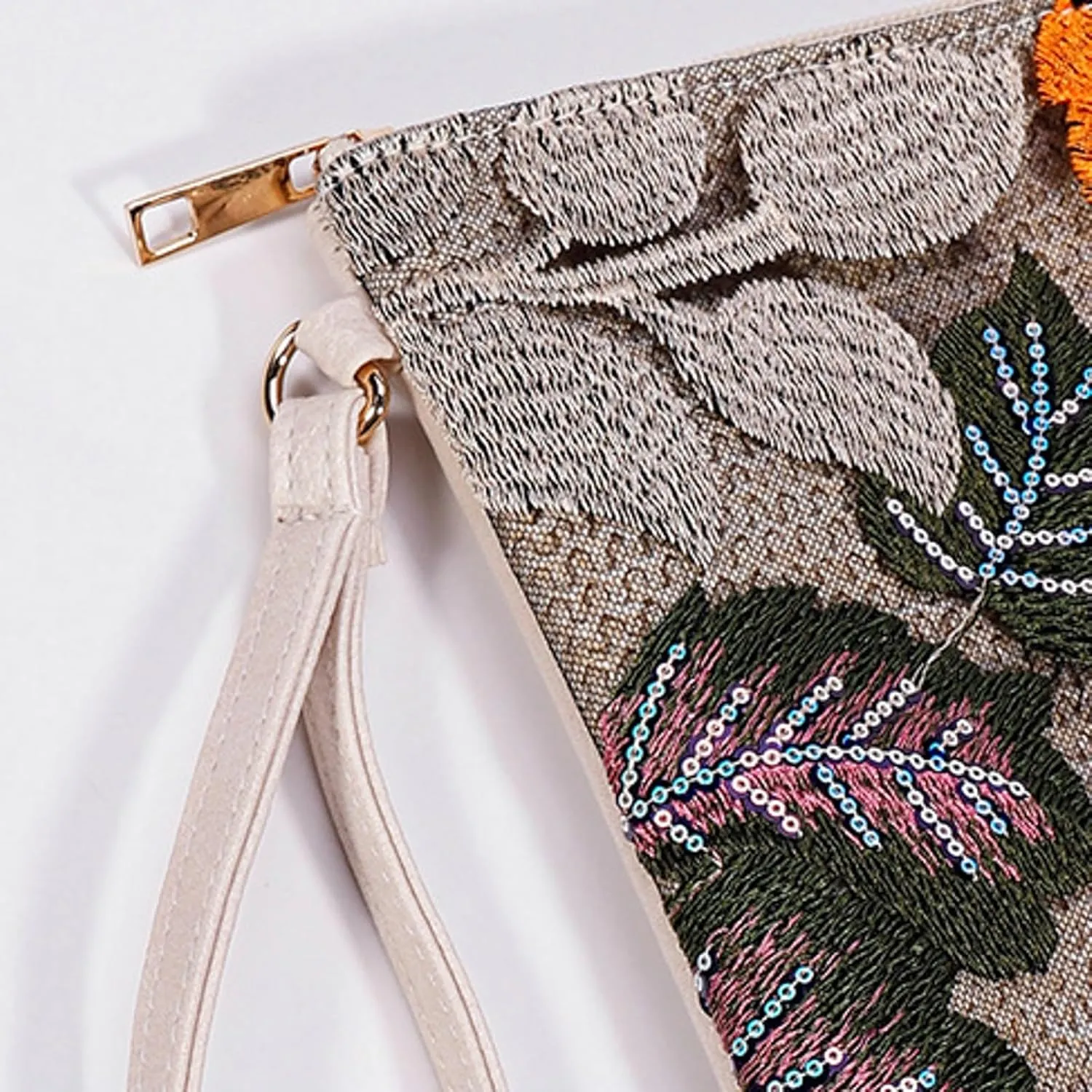 Sequin Embroidered Clutch Summer Straw Woven Floral Handbag Wristlet Bohemian Purse Leather Wristband Travel