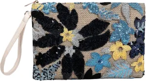 Sequin Embroidered Clutch Summer Straw Woven Floral Handbag Wristlet Bohemian Purse Leather Wristband Travel