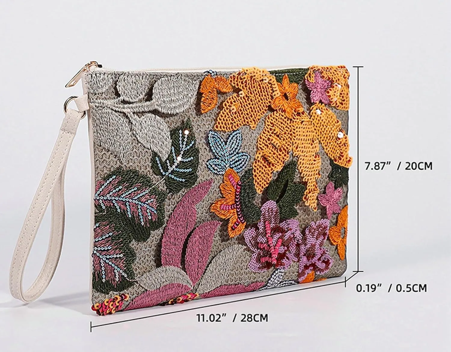 Sequin Embroidered Clutch Summer Straw Woven Floral Handbag Wristlet Bohemian Purse Leather Wristband Travel
