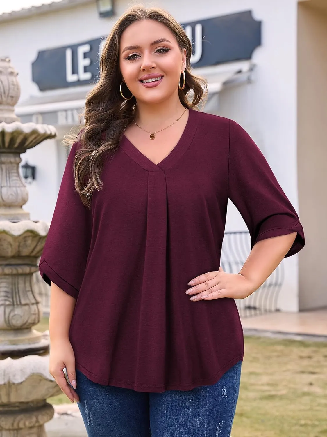 Siddhe Plus Size Tops for Women 3/4 Sleeve Shirts V Neck Blouses Tunic Top Spring Summer 2025