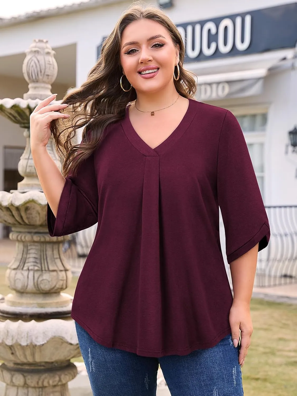 Siddhe Plus Size Tops for Women 3/4 Sleeve Shirts V Neck Blouses Tunic Top Spring Summer 2025