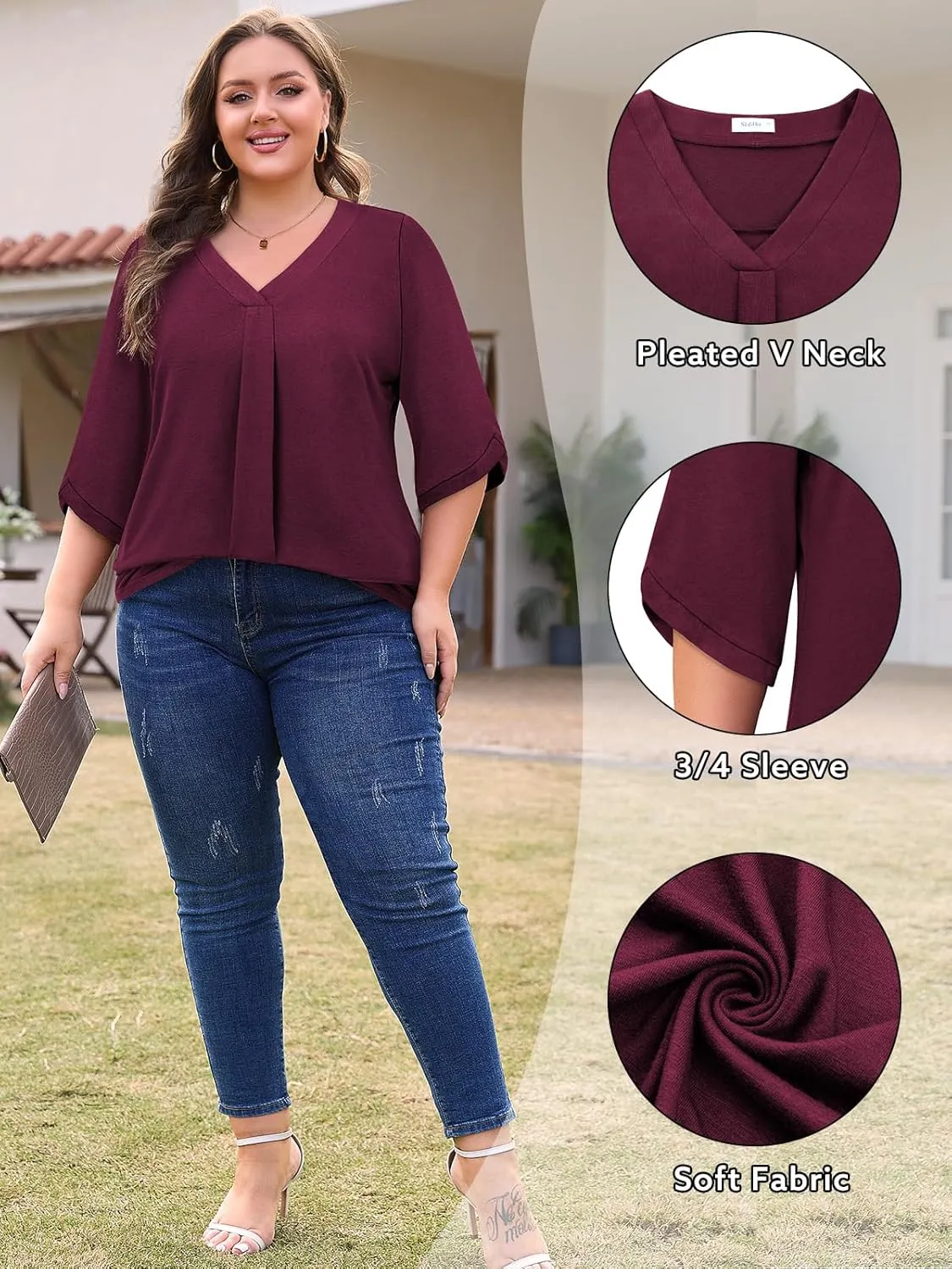 Siddhe Plus Size Tops for Women 3/4 Sleeve Shirts V Neck Blouses Tunic Top Spring Summer 2025