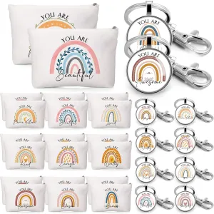 Sieral 40 Pcs Rainbow Cosmetic Bags Rainbow Keychains Set Inspirational Canvas Cosmetic Bags Bulk You are Amazing Makeup Bag Motivational Keychains for Women Teacher Students Coworker Thank You Gift