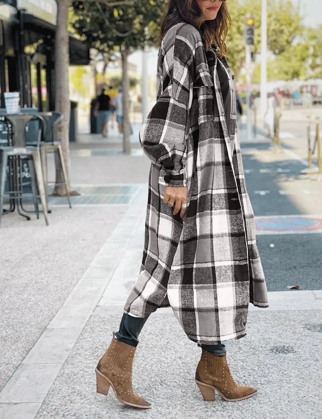 SKIKYAN Women Fall Flannel Plaid Shacket Jacket Oversized Button Down Long Shirt Jacket