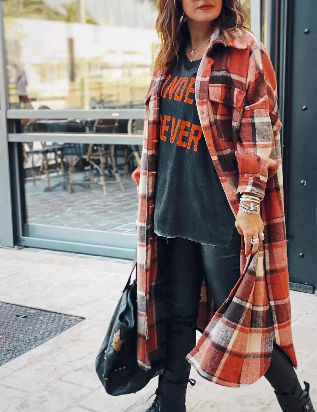 SKIKYAN Women Fall Flannel Plaid Shacket Jacket Oversized Button Down Long Shirt Jacket