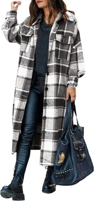 SKIKYAN Women Fall Flannel Plaid Shacket Jacket Oversized Button Down Long Shirt Jacket