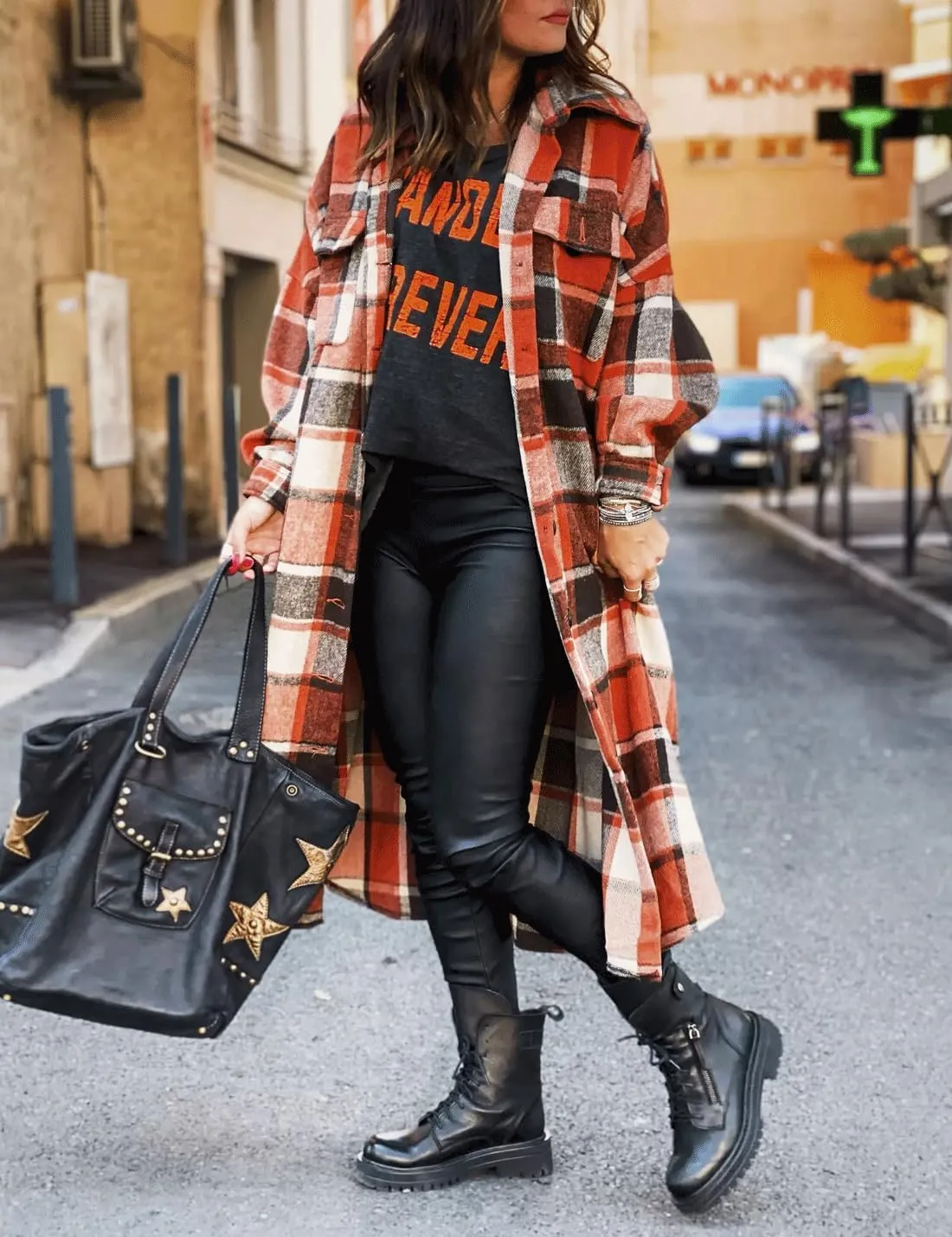 SKIKYAN Women Fall Flannel Plaid Shacket Jacket Oversized Button Down Long Shirt Jacket