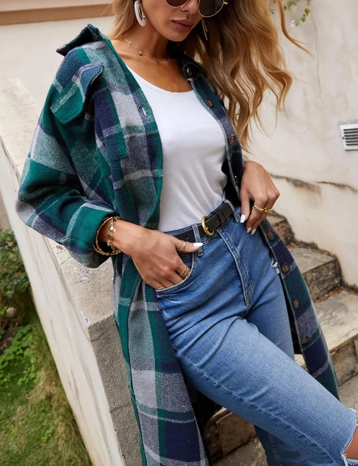 SKIKYAN Women Fall Flannel Plaid Shacket Jacket Oversized Button Down Long Shirt Jacket
