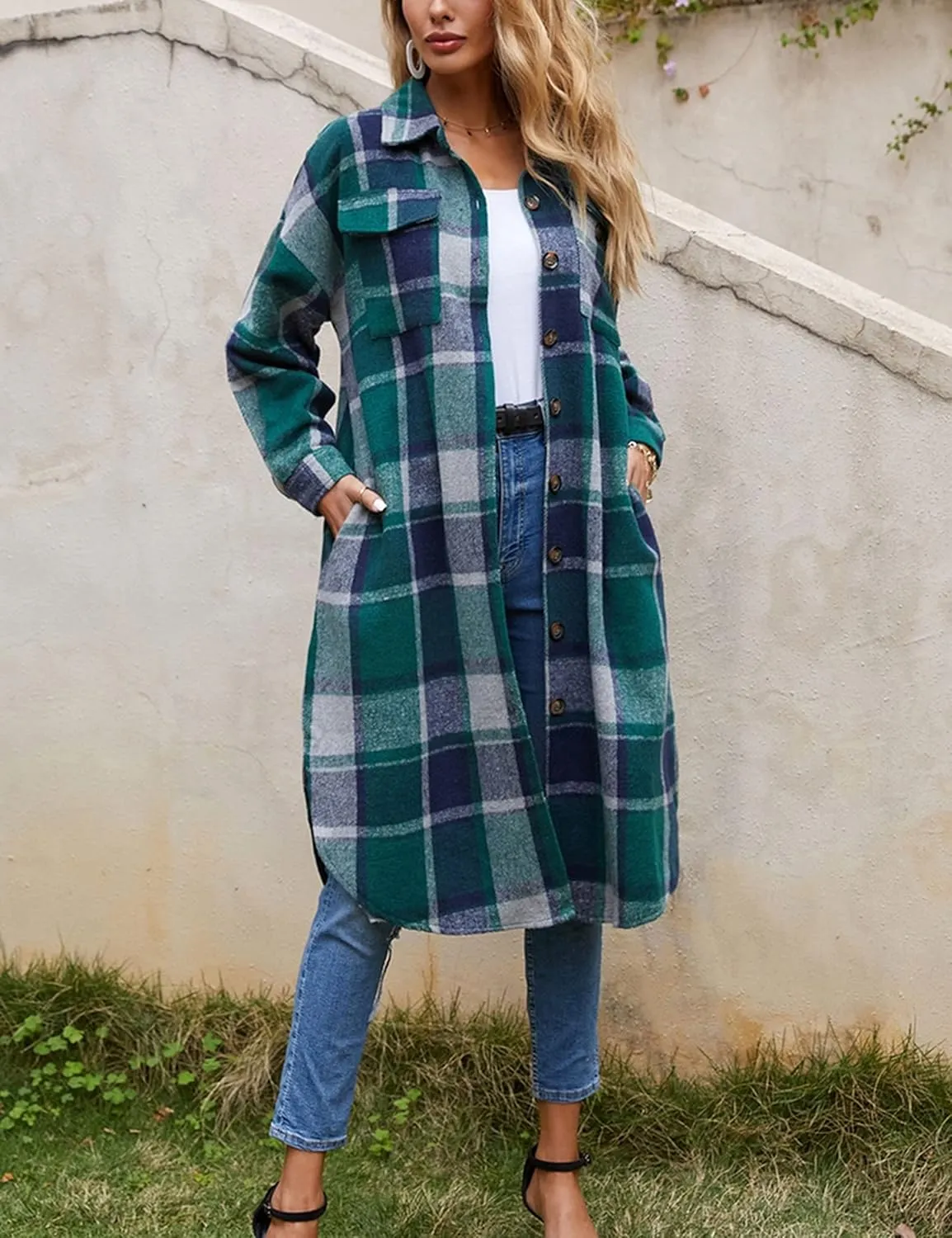SKIKYAN Women Fall Flannel Plaid Shacket Jacket Oversized Button Down Long Shirt Jacket