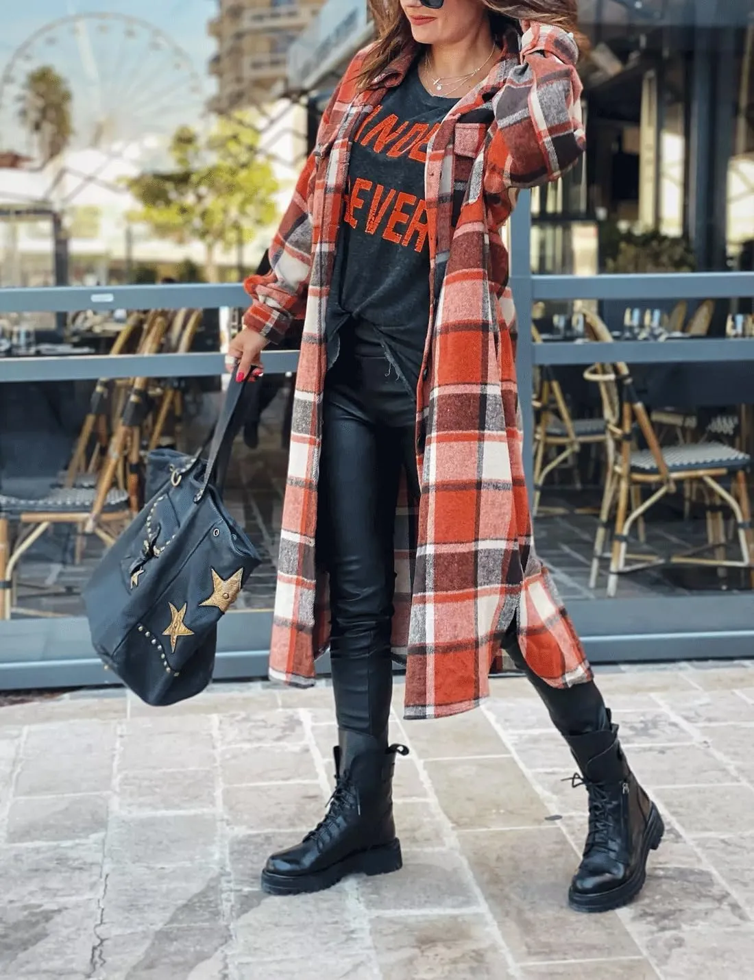 SKIKYAN Women Fall Flannel Plaid Shacket Jacket Oversized Button Down Long Shirt Jacket