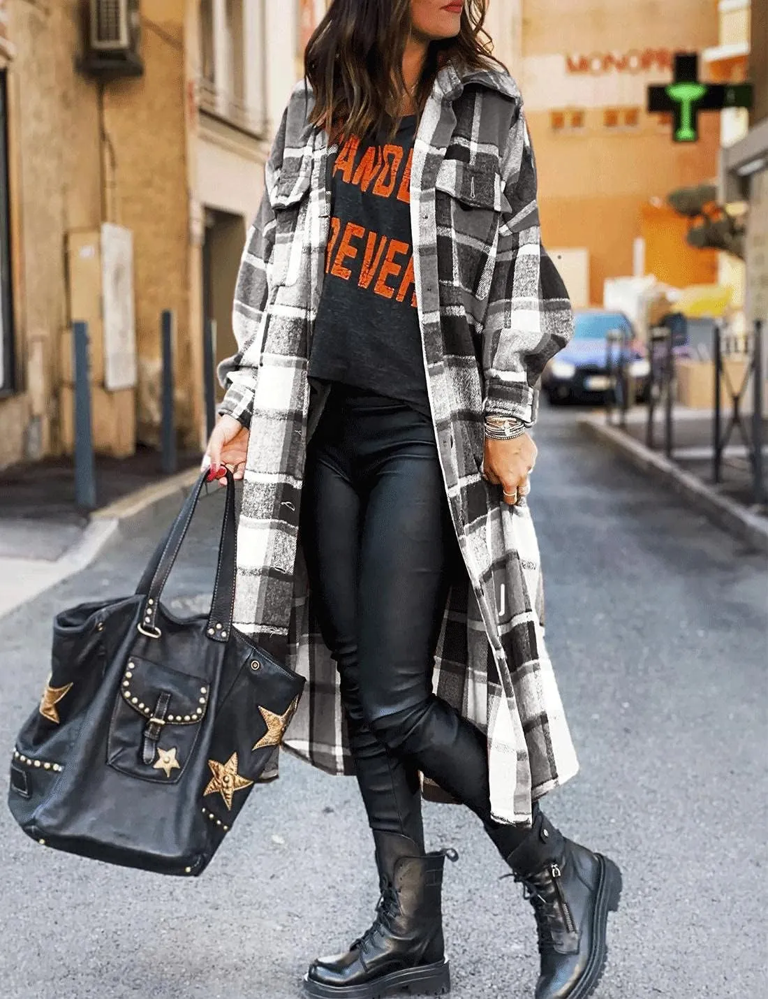 SKIKYAN Women Fall Flannel Plaid Shacket Jacket Oversized Button Down Long Shirt Jacket