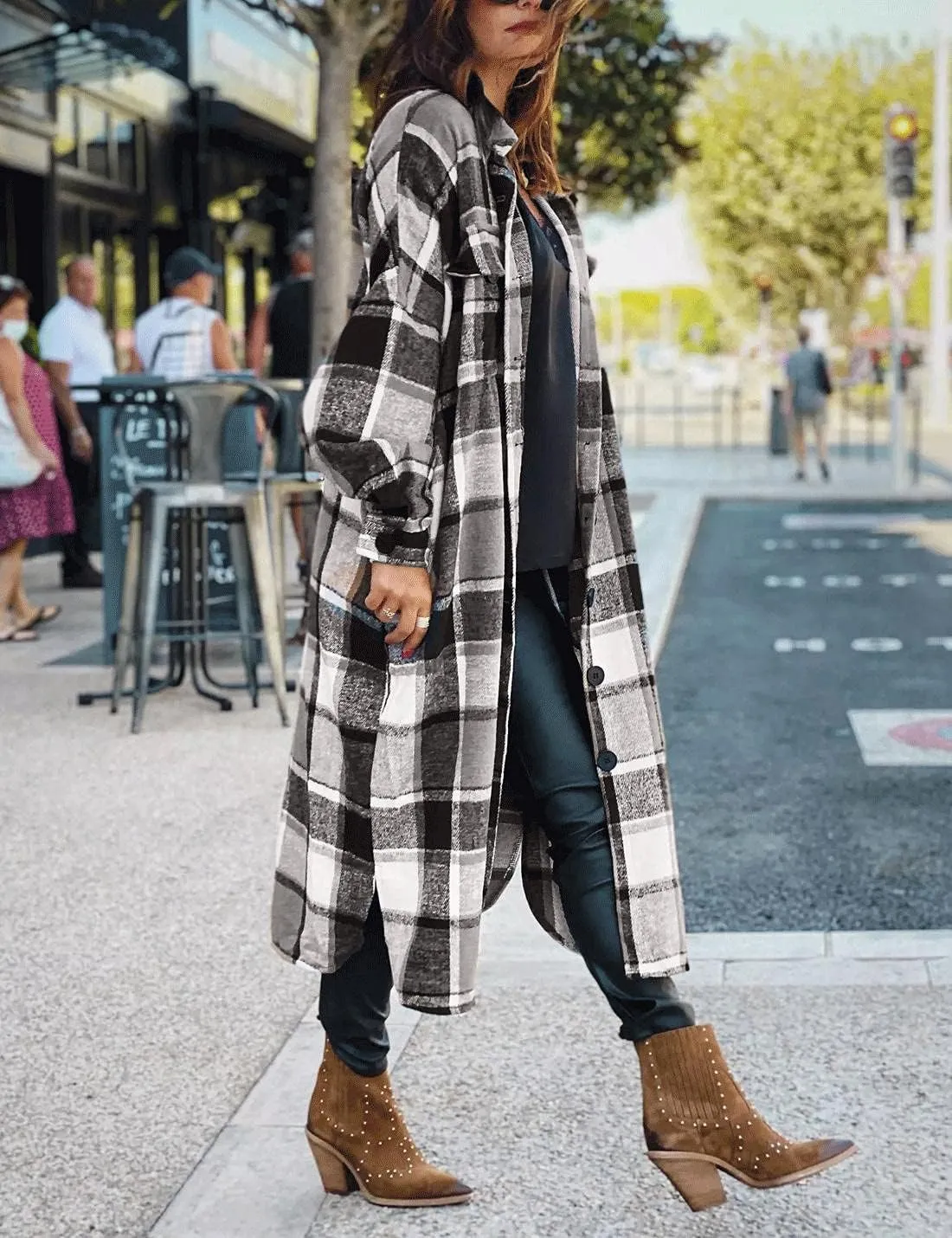 SKIKYAN Women Fall Flannel Plaid Shacket Jacket Oversized Button Down Long Shirt Jacket