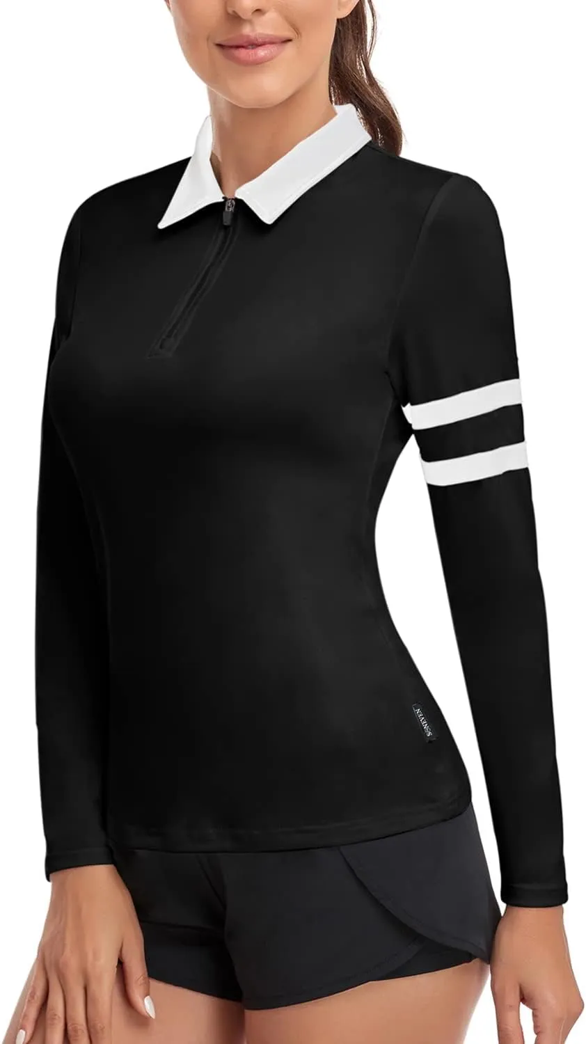 Soneven Women's Long Sleeve Golf Polo Shirts Moisture Wicking Quick Dry Half-Zip Pullover Athletic Workout Striped Tops