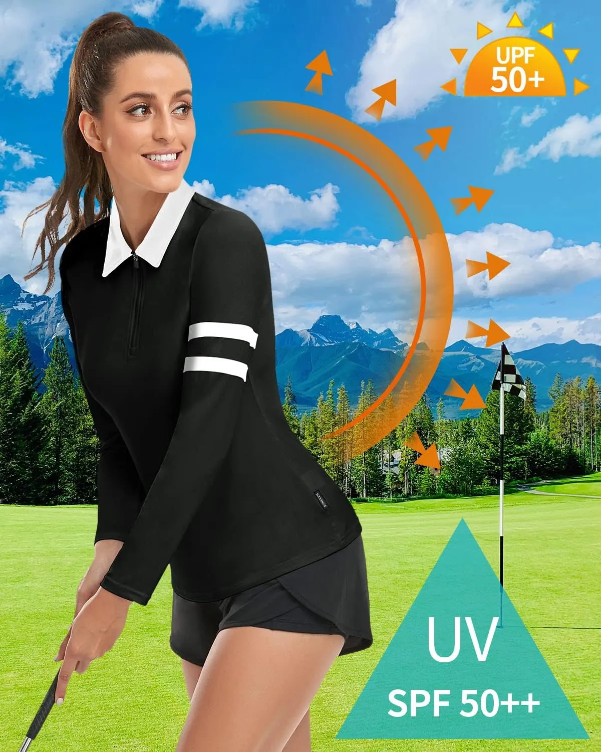 Soneven Women's Long Sleeve Golf Polo Shirts Moisture Wicking Quick Dry Half-Zip Pullover Athletic Workout Striped Tops