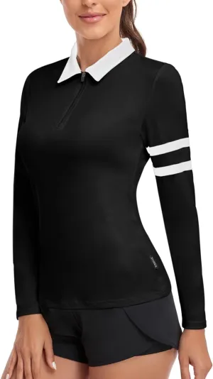 Soneven Women's Long Sleeve Golf Polo Shirts Moisture Wicking Quick Dry Half-Zip Pullover Athletic Workout Striped Tops