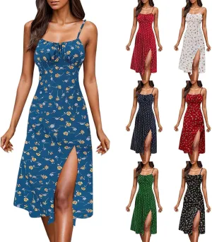 Spaghetti Strap Dresses for Women 2025 Polka Dot Midi Dress Sleeveless Slit Summer Sundress Beach Vacation Sexy Dress