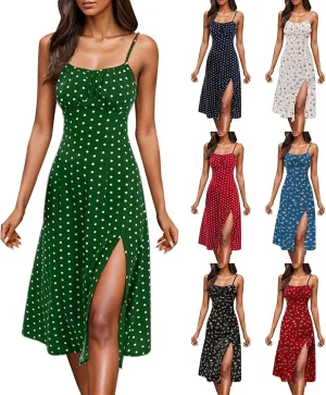 Spaghetti Strap Dresses for Women 2025 Polka Dot Midi Dress Sleeveless Slit Summer Sundress Beach Vacation Sexy Dress