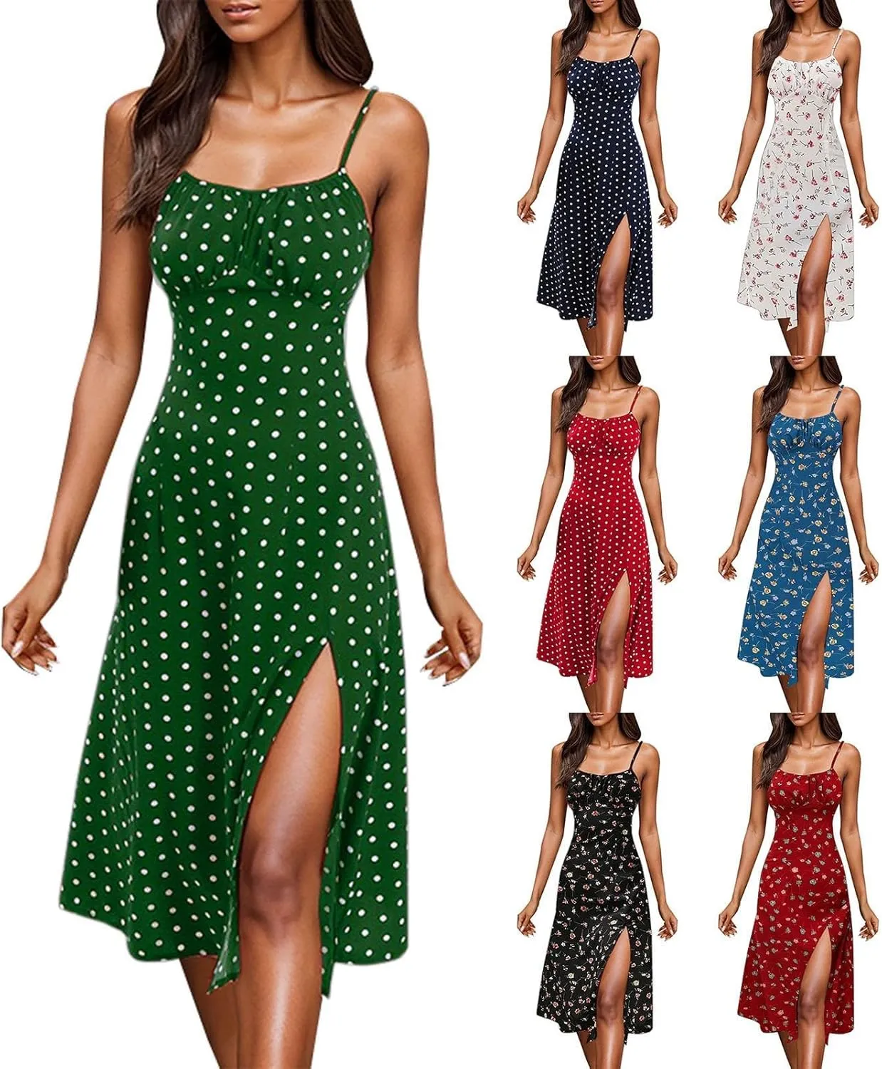 Spaghetti Strap Dresses for Women 2025 Polka Dot Midi Dress Sleeveless Slit Summer Sundress Beach Vacation Sexy Dress