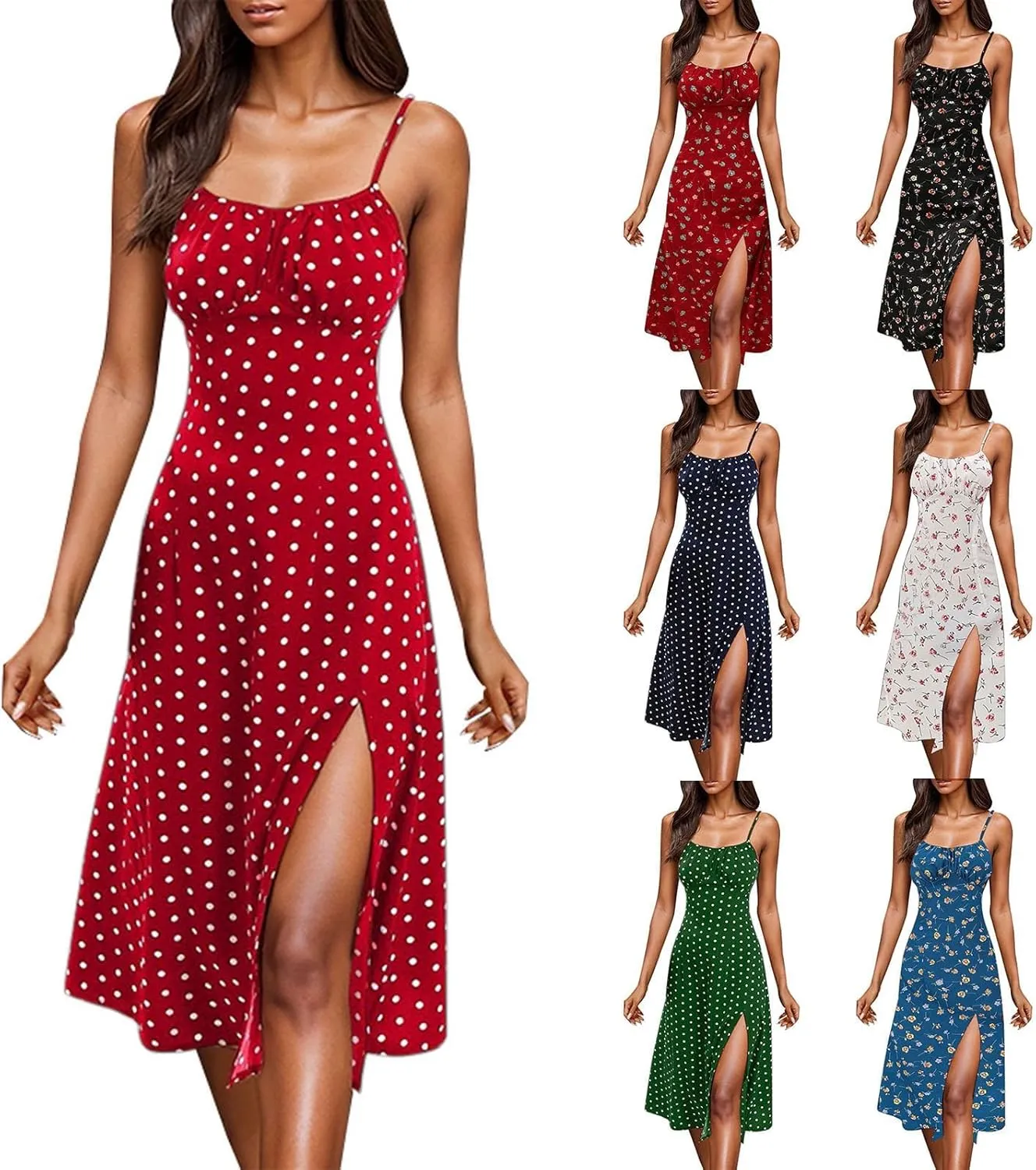 Spaghetti Strap Dresses for Women 2025 Polka Dot Midi Dress Sleeveless Slit Summer Sundress Beach Vacation Sexy Dress