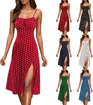 Spaghetti Strap Dresses for Women 2025 Polka Dot Midi Dress Sleeveless Slit Summer Sundress Beach Vacation Sexy Dress