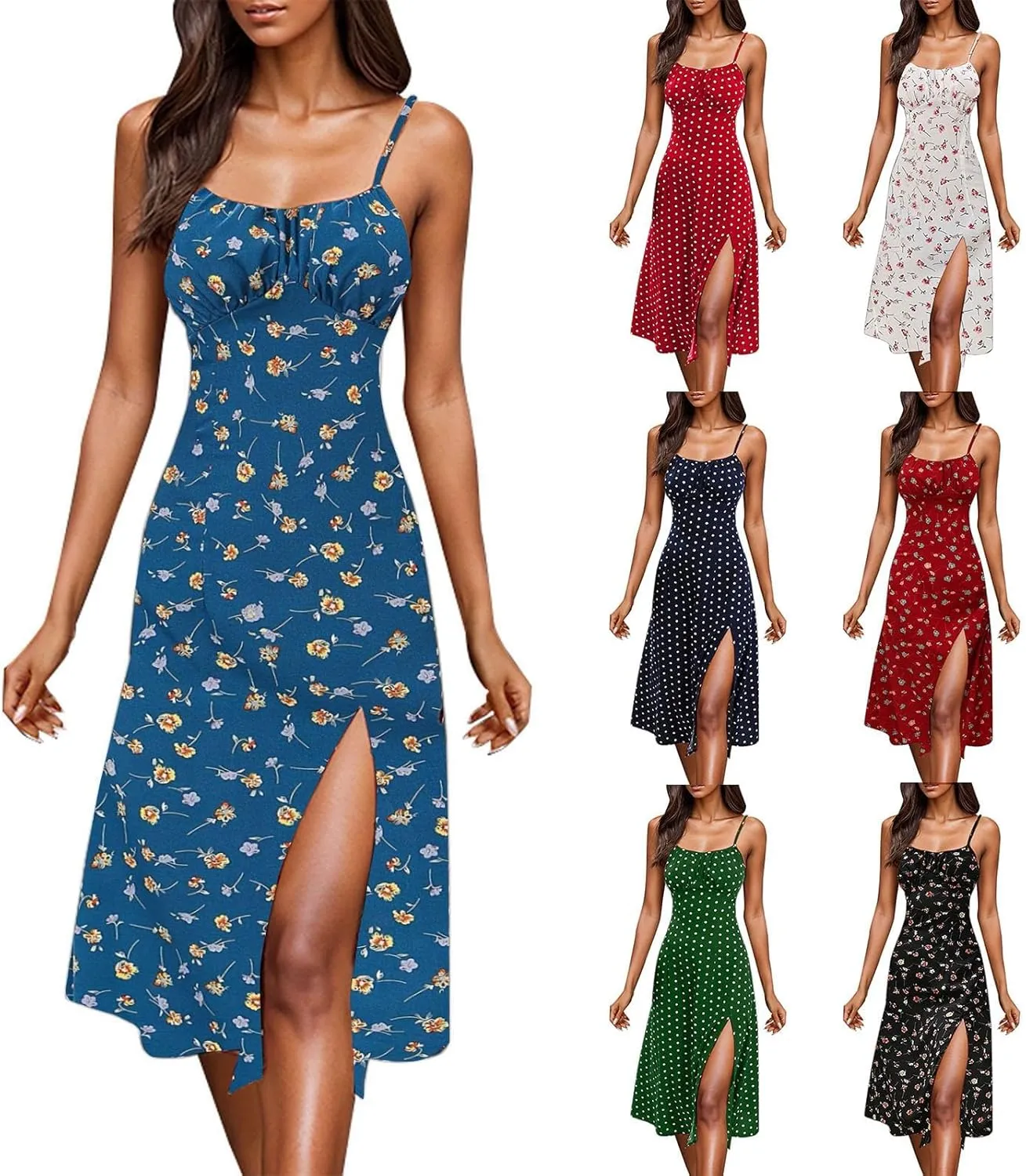 Spaghetti Strap Dresses for Women 2025 Polka Dot Midi Dress Sleeveless Slit Summer Sundress Beach Vacation Sexy Dress