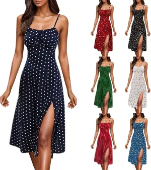 Spaghetti Strap Dresses for Women 2025 Polka Dot Midi Dress Sleeveless Slit Summer Sundress Beach Vacation Sexy Dress