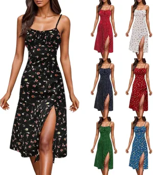 Spaghetti Strap Dresses for Women 2025 Polka Dot Midi Dress Sleeveless Slit Summer Sundress Beach Vacation Sexy Dress