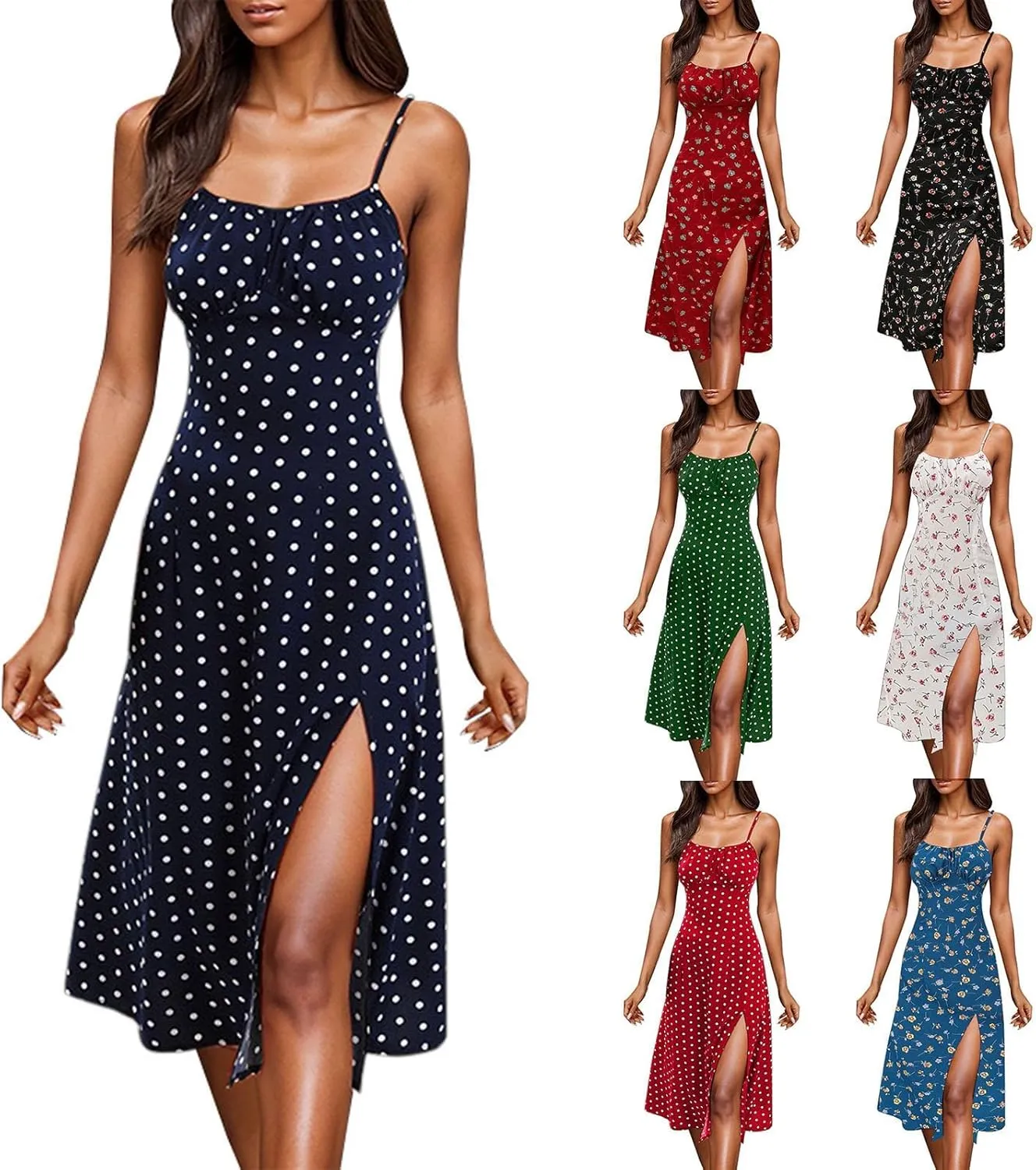 Spaghetti Strap Dresses for Women 2025 Polka Dot Midi Dress Sleeveless Slit Summer Sundress Beach Vacation Sexy Dress