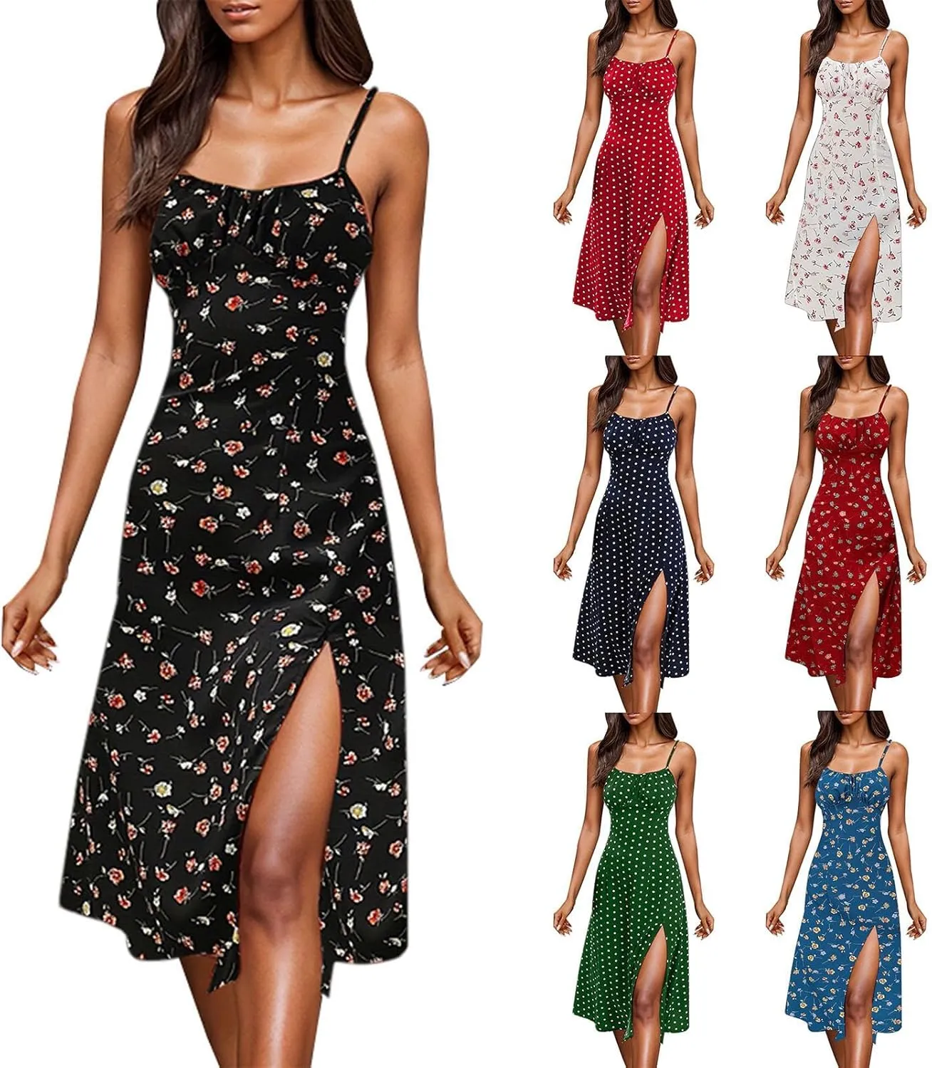 Spaghetti Strap Dresses for Women 2025 Polka Dot Midi Dress Sleeveless Slit Summer Sundress Beach Vacation Sexy Dress