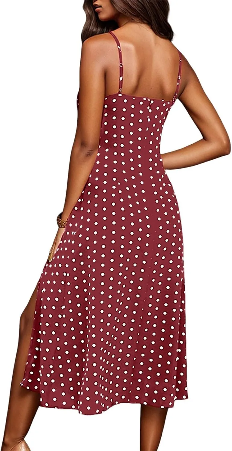 Spaghetti Strap Dresses for Womens Polka Dot Sexy Sleeveless Slit Bodycon Dress Summer Beach Flowy Vacation Sundress
