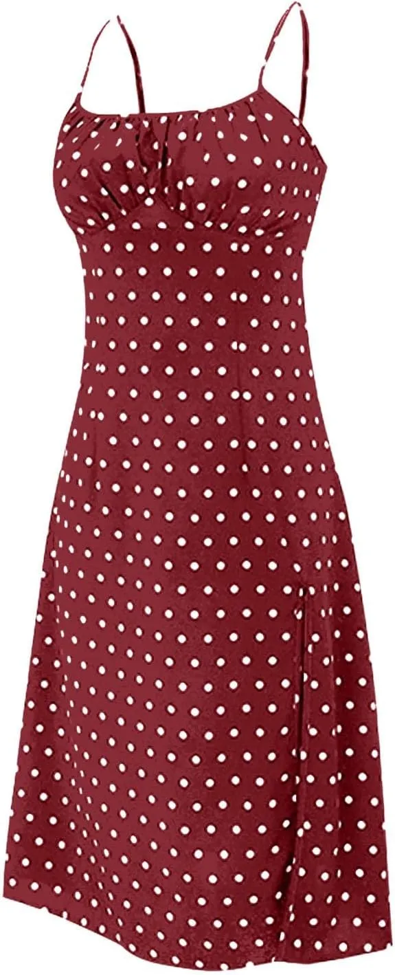 Spaghetti Strap Dresses for Womens Polka Dot Sexy Sleeveless Slit Bodycon Dress Summer Beach Flowy Vacation Sundress
