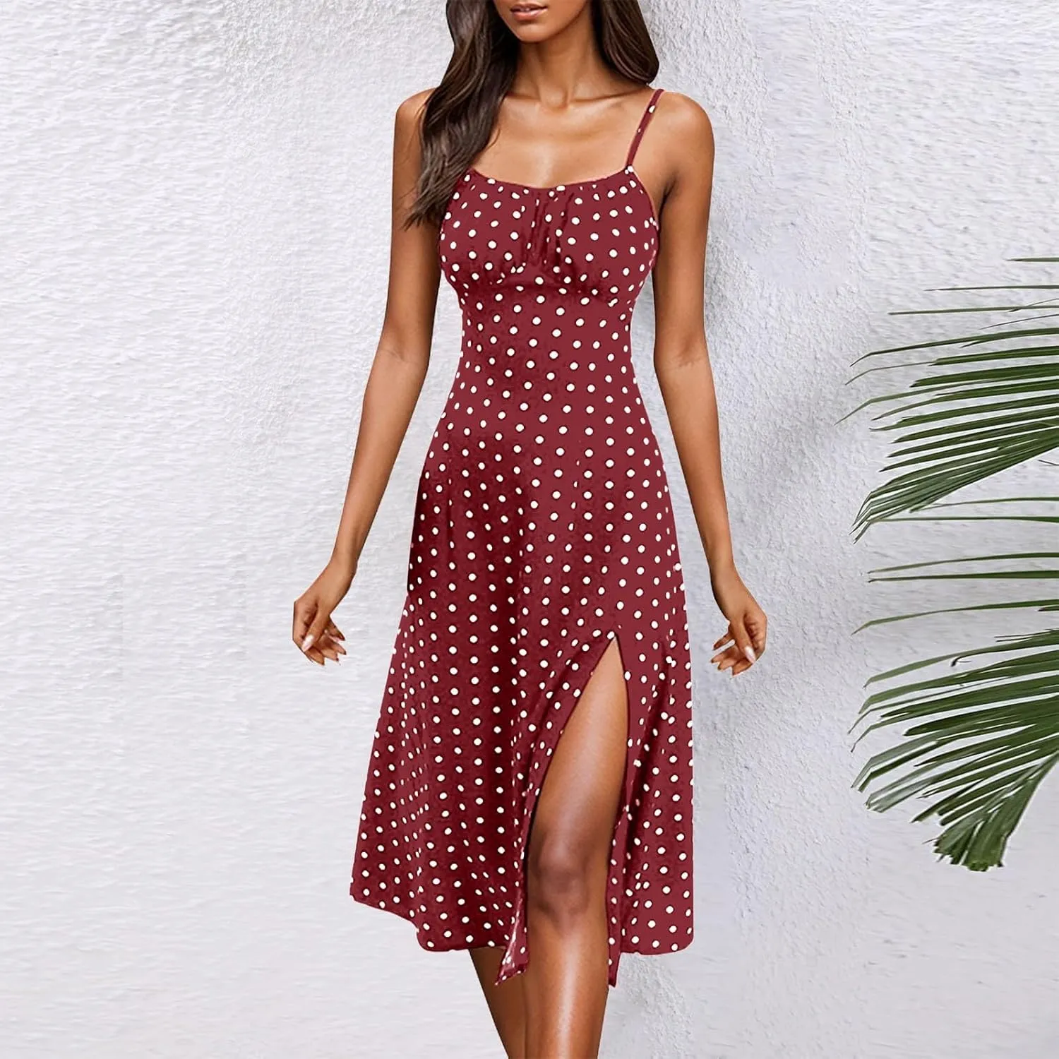 Spaghetti Strap Dresses for Womens Polka Dot Sexy Sleeveless Slit Bodycon Dress Summer Beach Flowy Vacation Sundress