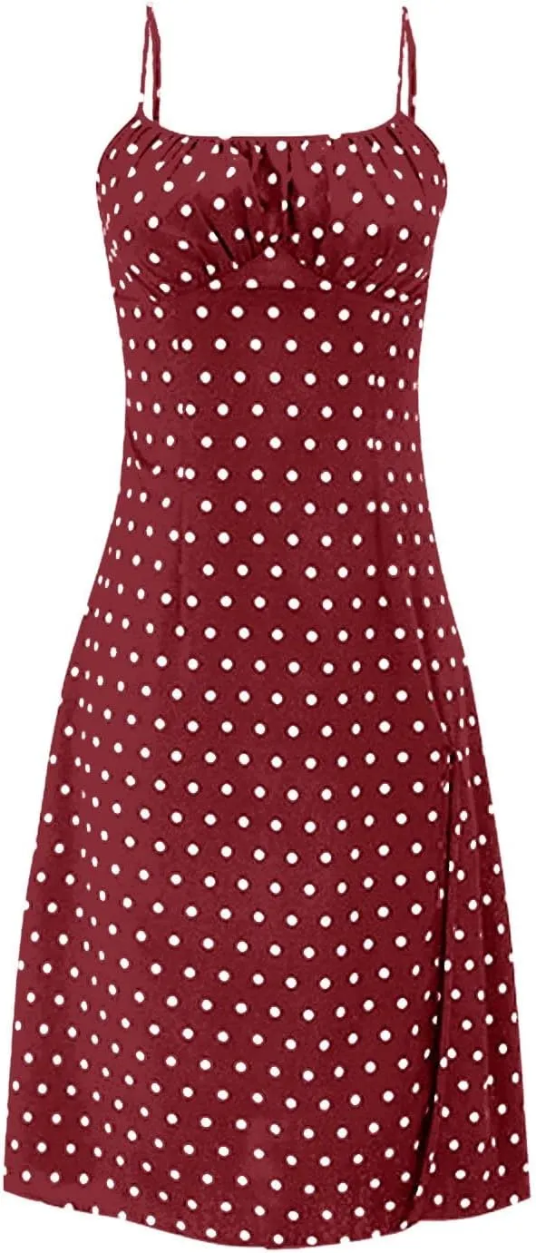 Spaghetti Strap Dresses for Womens Polka Dot Sexy Sleeveless Slit Bodycon Dress Summer Beach Flowy Vacation Sundress