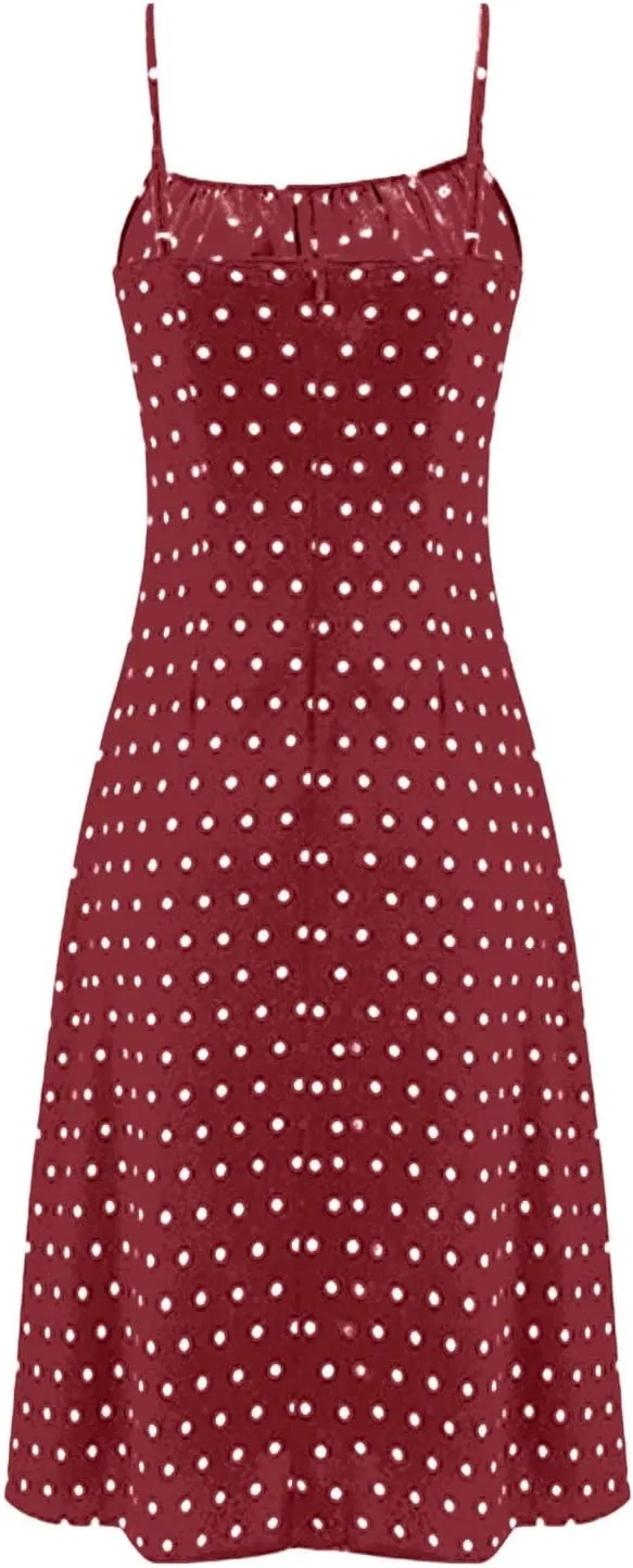 Spaghetti Strap Dresses for Womens Polka Dot Sexy Sleeveless Slit Bodycon Dress Summer Beach Flowy Vacation Sundress