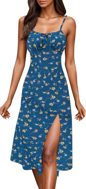 Spaghetti Strap Dresses for Womens Polka Dot Sexy Sleeveless Slit Bodycon Dress Summer Beach Flowy Vacation Sundress