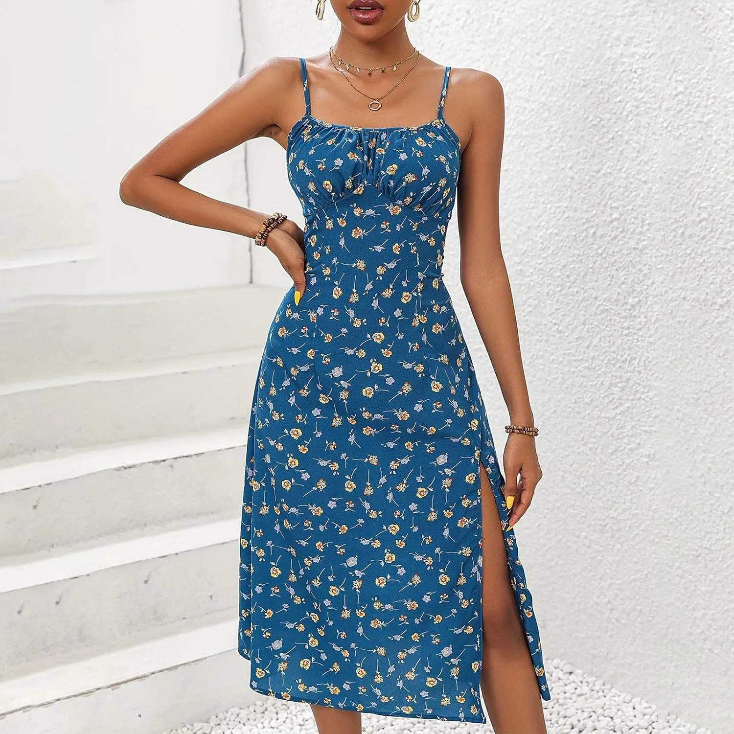 Spaghetti Strap Dresses for Womens Polka Dot Sexy Sleeveless Slit Bodycon Dress Summer Beach Flowy Vacation Sundress