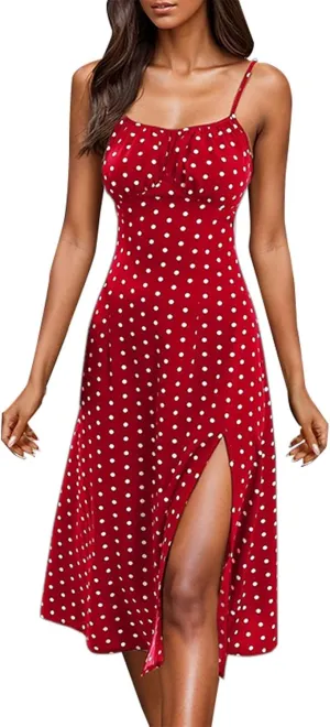 Spaghetti Strap Dresses for Womens Polka Dot Sexy Sleeveless Slit Bodycon Dress Summer Beach Flowy Vacation Sundress