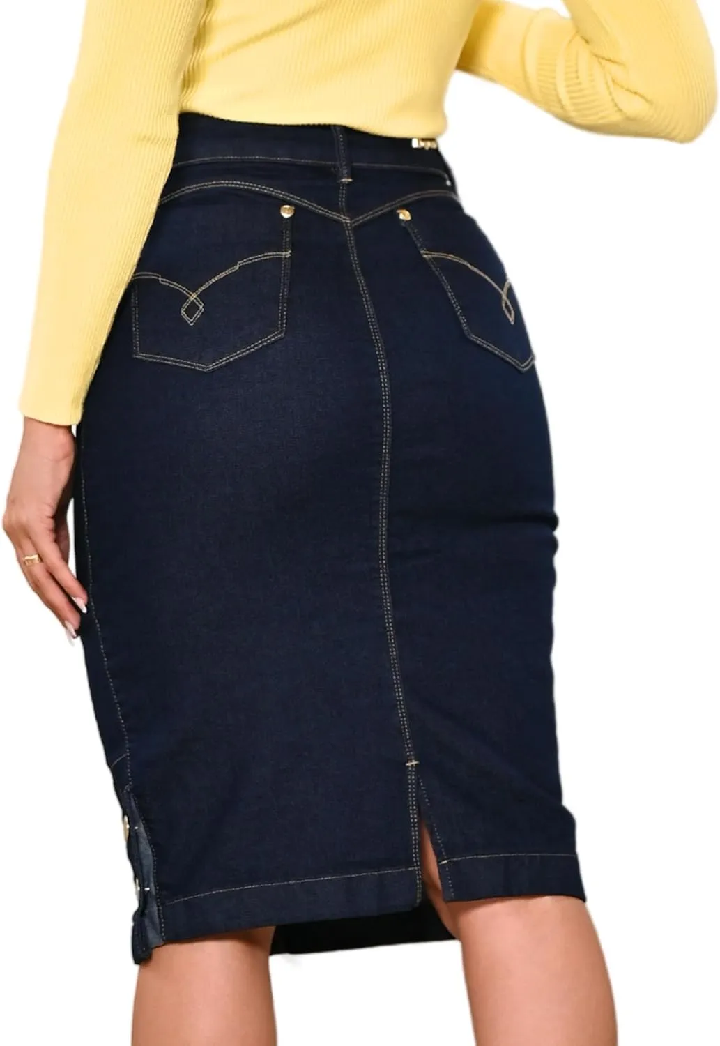 Straight Knee Length Stretch Denim Jean Skirt for Women Size 0-22 Regular and Plus Size Side Button Details