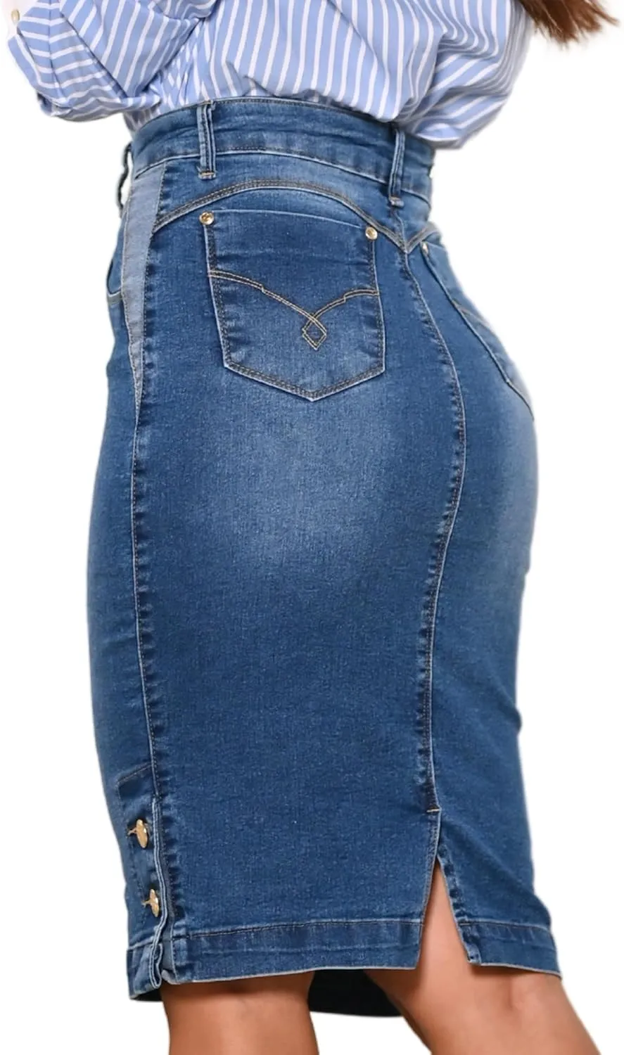 Straight Knee Length Stretch Denim Jean Skirt for Women Size 0-22 Regular and Plus Size Side Button Details