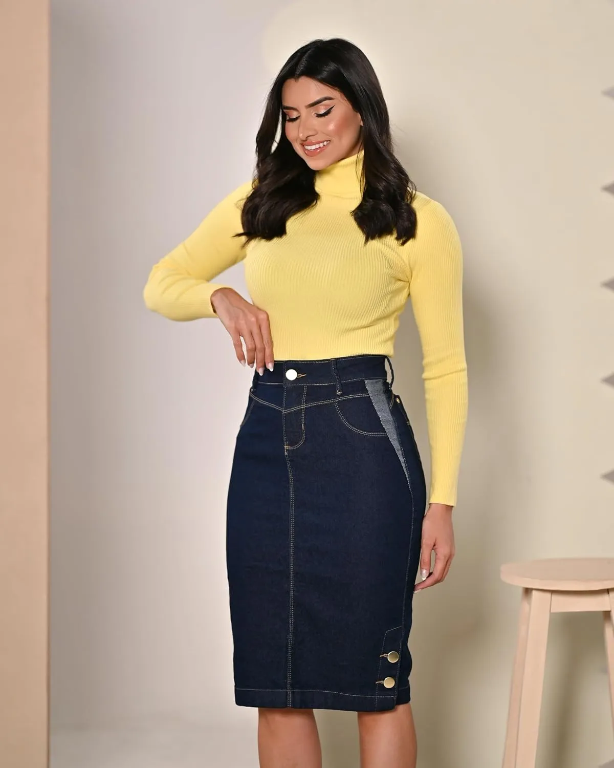 Straight Knee Length Stretch Denim Jean Skirt for Women Size 0-22 Regular and Plus Size Side Button Details