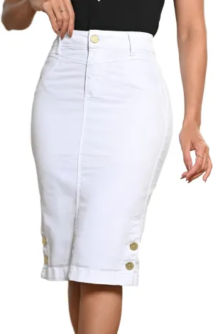 Straight Knee Length Stretch Denim Jean Skirt for Women Size 0-22 Regular and Plus Size Side Button Details