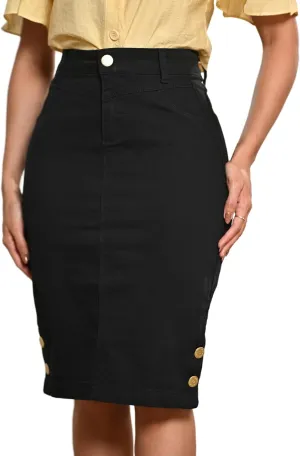 Straight Knee Length Stretch Denim Jean Skirt for Women Size 0-22 Regular and Plus Size Side Button Details