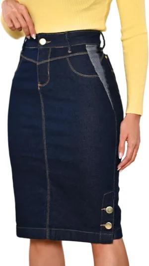 Straight Knee Length Stretch Denim Jean Skirt for Women Size 0-22 Regular and Plus Size Side Button Details