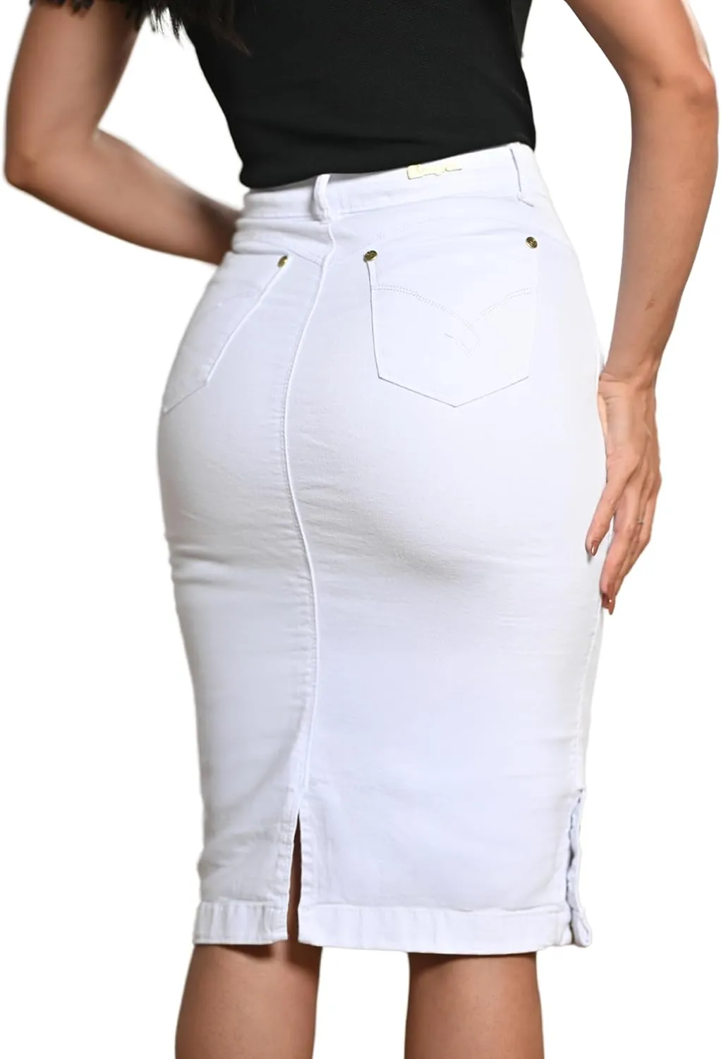 Straight Knee Length Stretch Denim Jean Skirt for Women Size 0-22 Regular and Plus Size Side Button Details