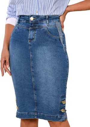 Straight Knee Length Stretch Denim Jean Skirt for Women Size 0-22 Regular and Plus Size Side Button Details