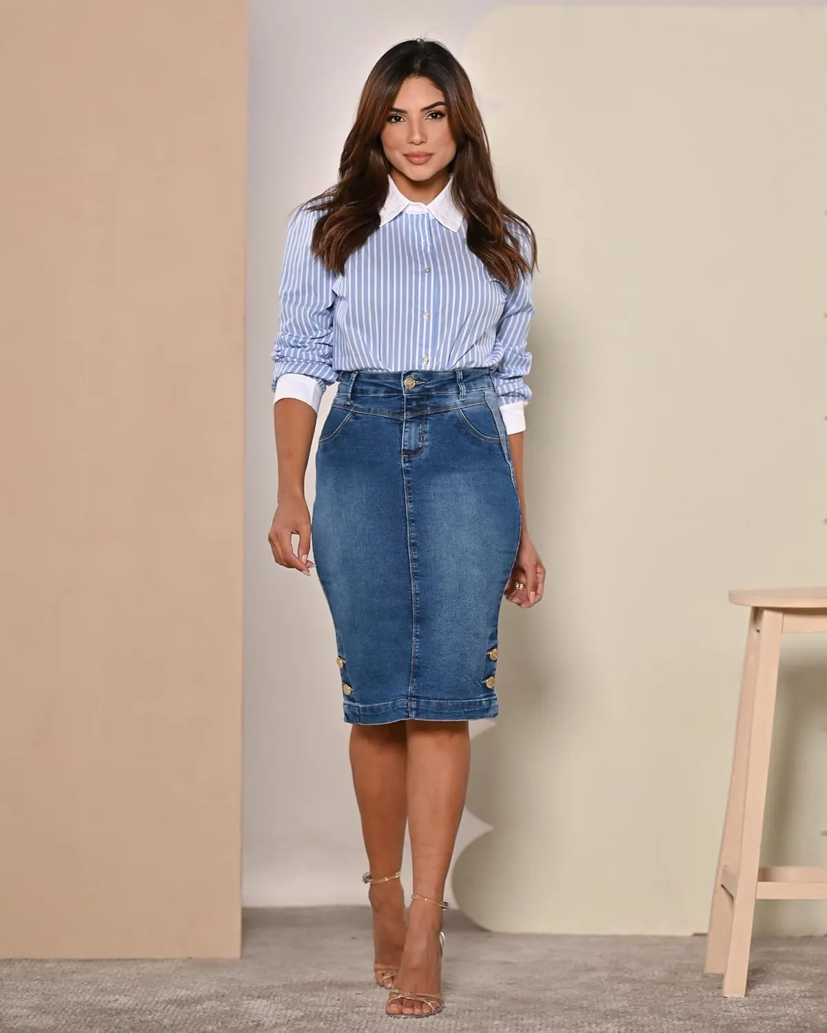 Straight Knee Length Stretch Denim Jean Skirt for Women Size 0-22 Regular and Plus Size Side Button Details